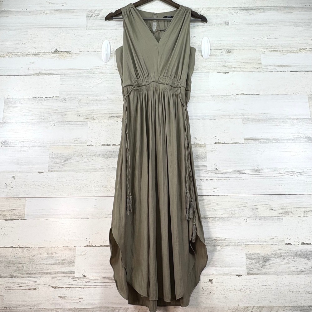 Tahari Womens Olive Green Sleeveless V-Neck Midi Dress Elastic Waist Tassels